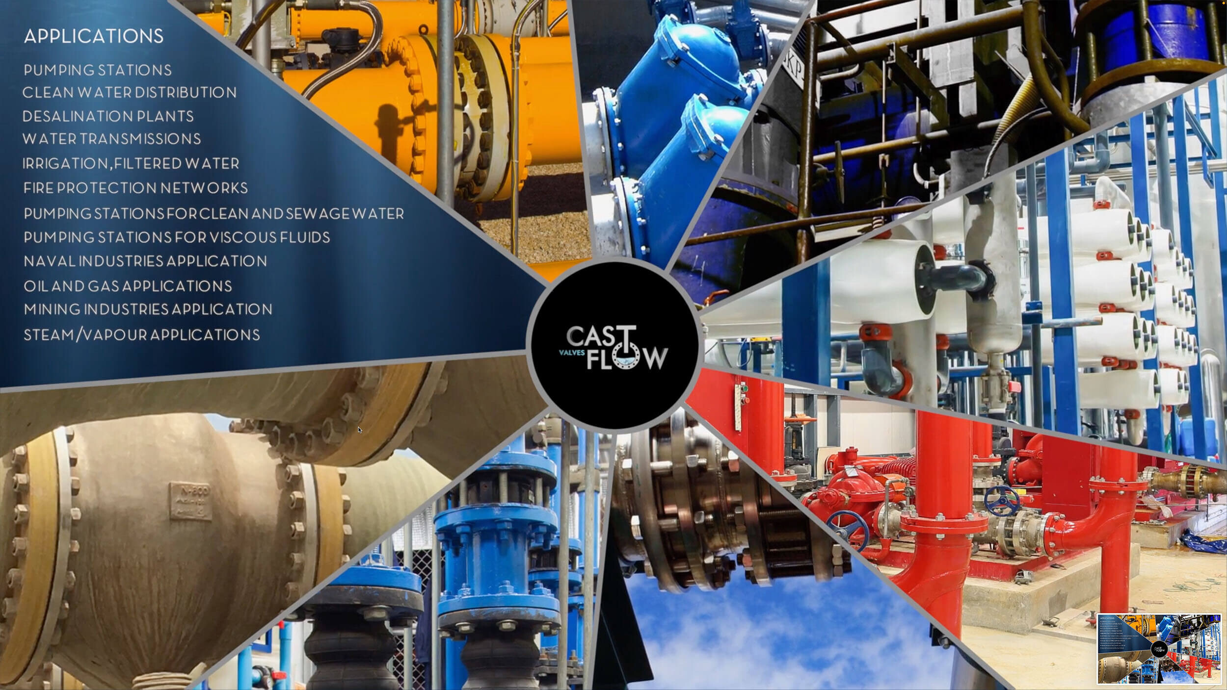CastFlow applications — pumping stations, clean water distribution, desalination plants, water transmissions, irrigation, fire protection, naval, oil & gas, mining and steam/vapour applications