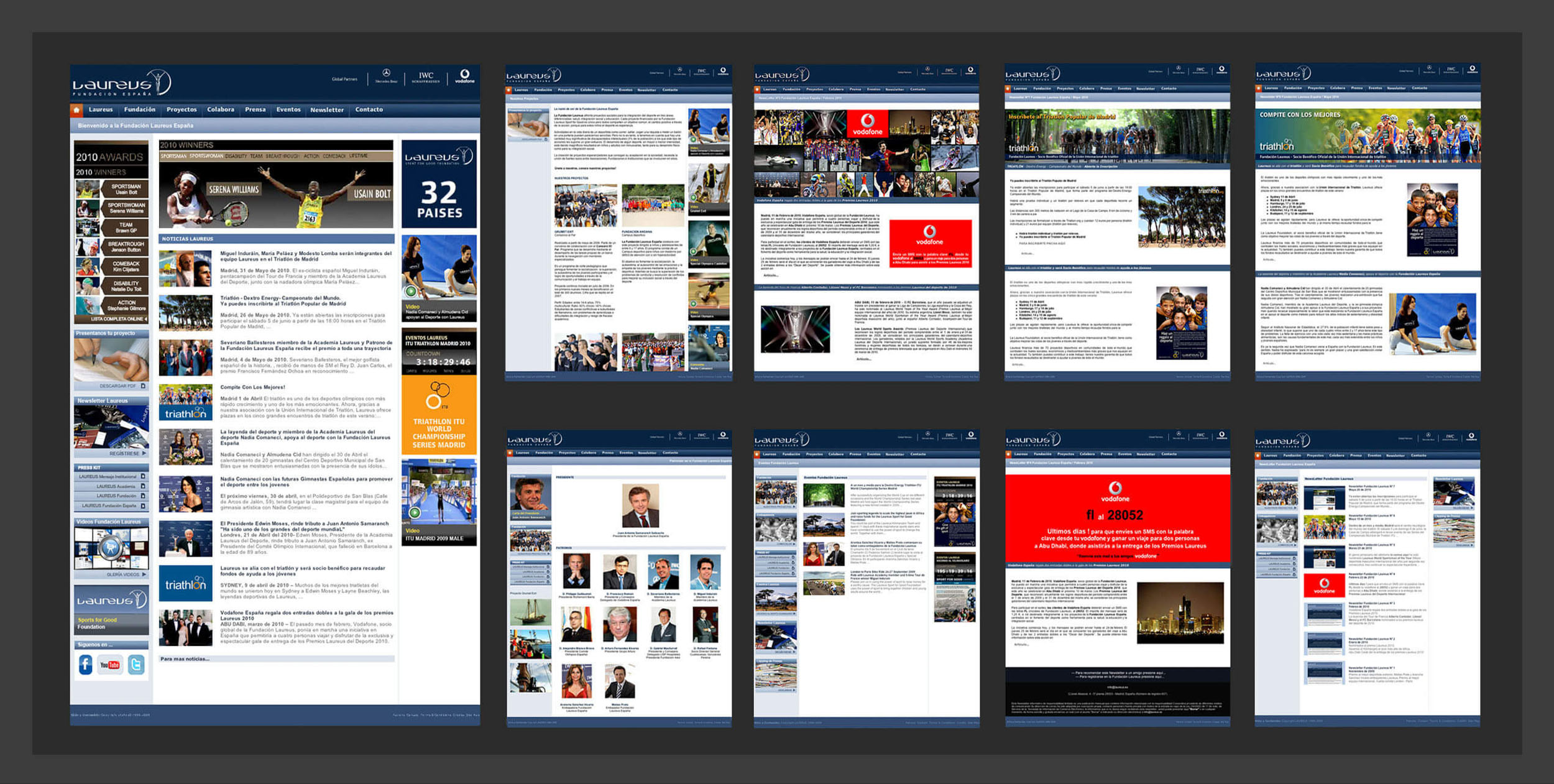 Fundación Laureus España website — homepage, event and triathlon pages, board of trustees, Vodafone campaign and newsletter archive screens