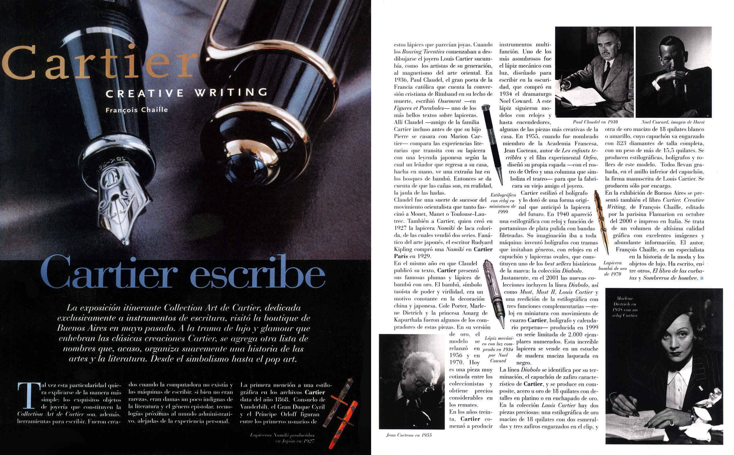 Editorial spread — 'Cartier escribe', pen and portrait
