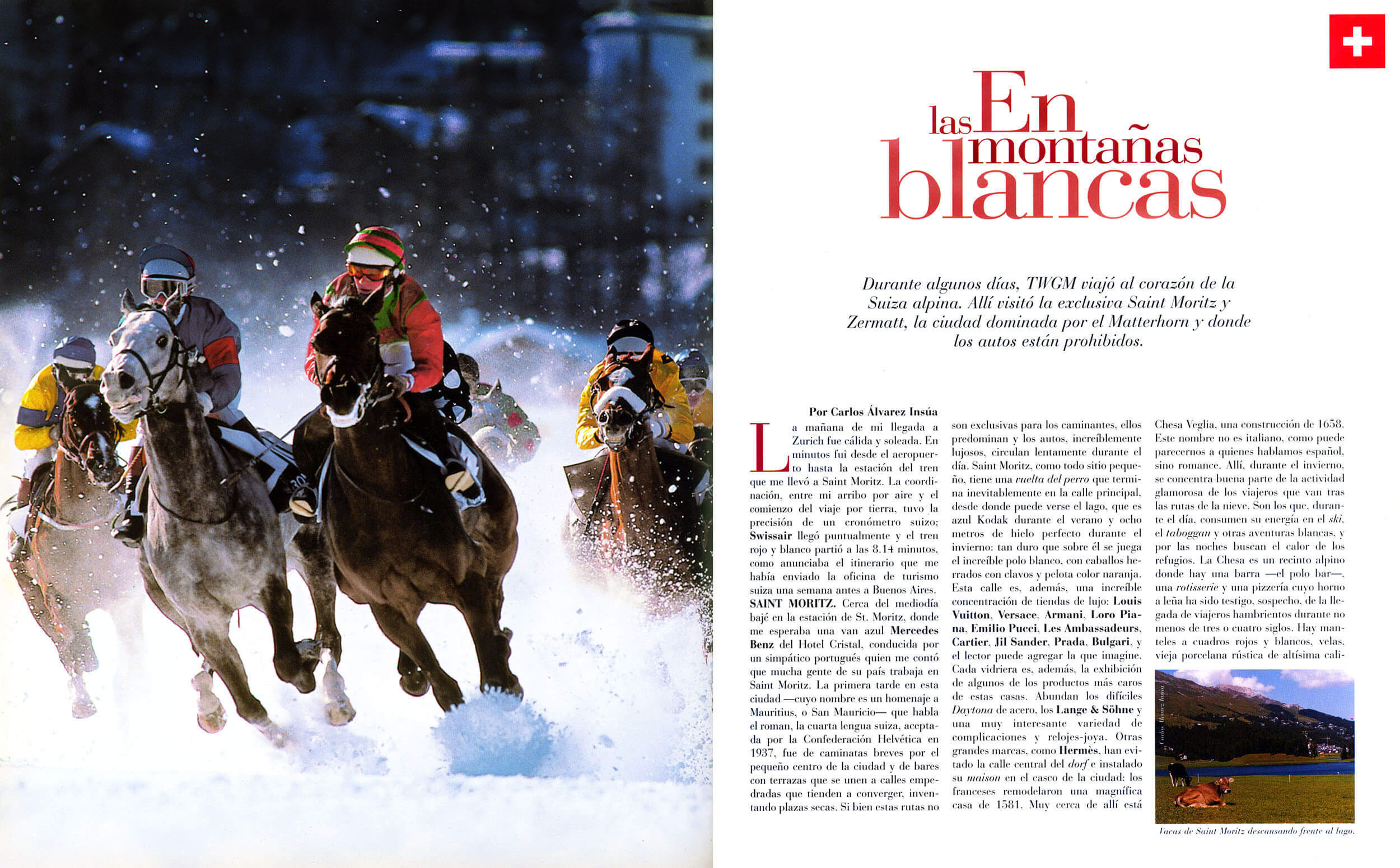 Editorial spread — 'Montañas blancas', horse race in snow