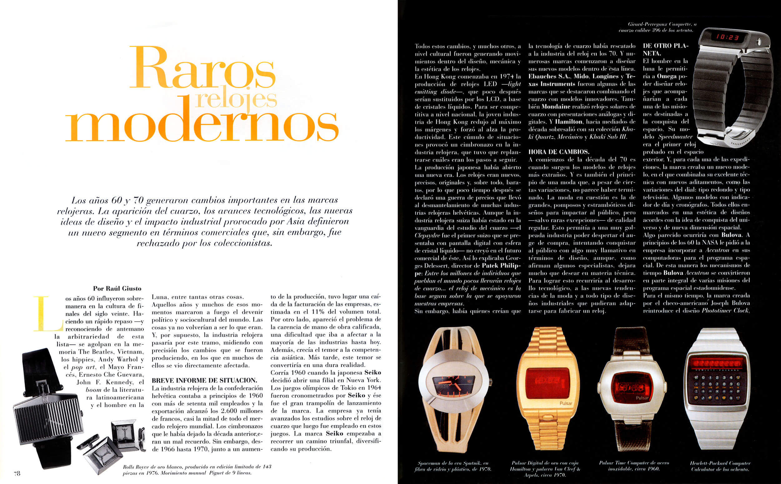 Editorial spread — 'Raros modernos', watch collection